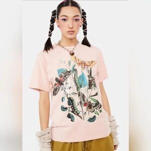 OBEY Pink Luna Moth Floral Graphic Tee XS NWOT